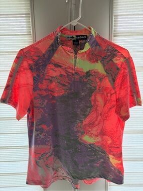 jamie sadock Neon Coral Orange/Gray/Purple/Lime Zip Golf Top
